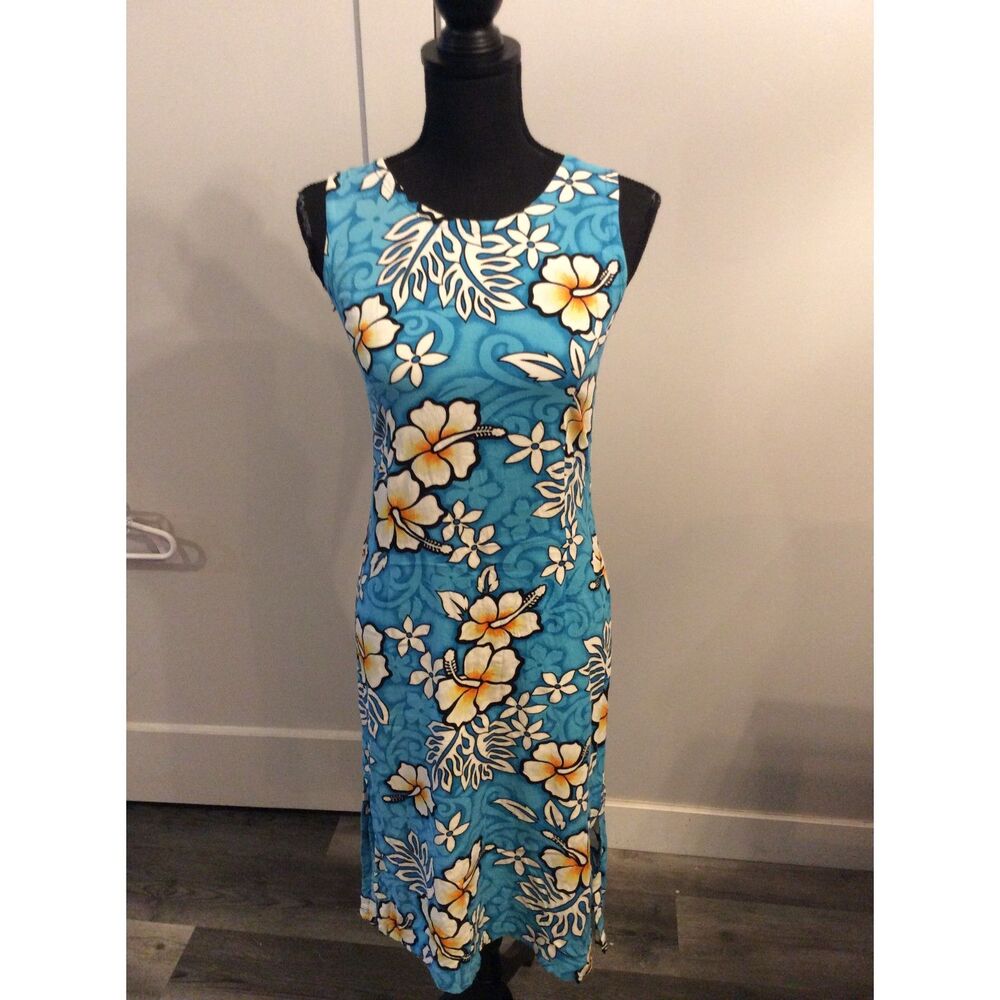 Tiki Palm Tropical Coconut Girl Hawaiian Dress Vintage Blue Small S